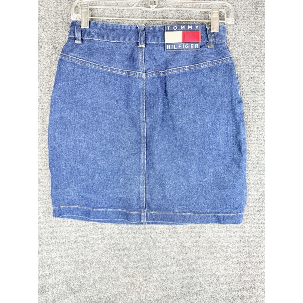 Vintage Tommy Hilfiger Jean Mini Skirt 90s Banner Logo Womens Size 6 Blue Denim
